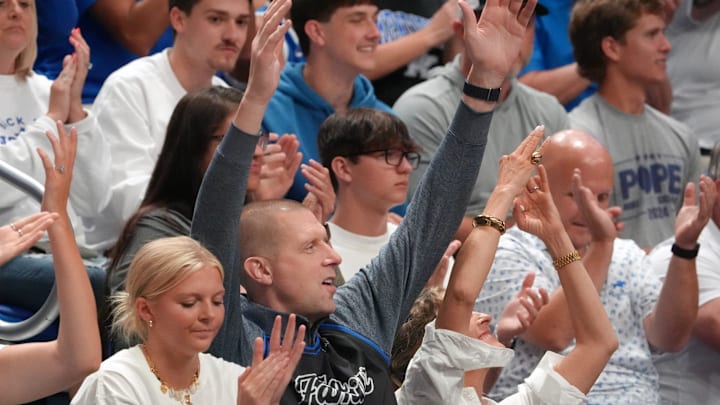 Kentucky head coach Mark Pope cheers on La Familia against Herd That in the Lexington Regional Final of the TBT.
July 23, 2024