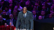 Feb 24, 2020; Los Angeles, California, USA;  Kobe's teammate Shaquille O'Neal speaks to the audience during the memorial to celebrate the life of Kobe Bryant and daughter Gianna Bryant at Staples Center. Mandatory Credit: Robert Hanashiro-Imagn Images