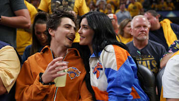 May 31, 2025; Indianapolis, Indiana, USA; Timothee Chalamet and Kylie Jenner are seen in attendance during game six of the eastern conference finals between the Indiana Pacers and the New York Knicks for the 2025 NBA Playoffs at Gainbridge Fieldhouse. Mandatory Credit: Trevor Ruszkowski-Imagn Images