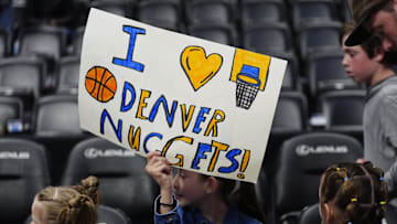 Apr 6, 2025; Denver, Colorado, USA; Denver Nuggets fans before the game against the Indiana Pacers at Ball Arena. Mandatory Credit: Ron Chenoy-Imagn Images