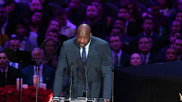 Feb 24, 2020; Los Angeles, California, USA;  Kobe's teammate Shaquille O'Neal speaks to the audience during the memorial to celebrate the life of Kobe Bryant and daughter Gianna Bryant at Staples Center. Mandatory Credit: Robert Hanashiro-Imagn Images