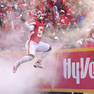 Kansas City Chiefs middle linebacker Willie Gay Jr. (50) is introduced before the first quarter during the AFC championship NFL football game against the Cincinnati Bengals, Sunday, Jan. 30, 2022