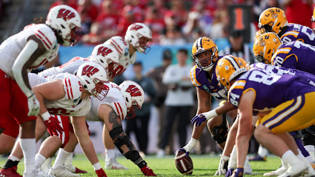Tampa, FL, USA;  LSU Tigers offensive lineman Charles Turner III (69) lines up against the Wisconsin Badgers