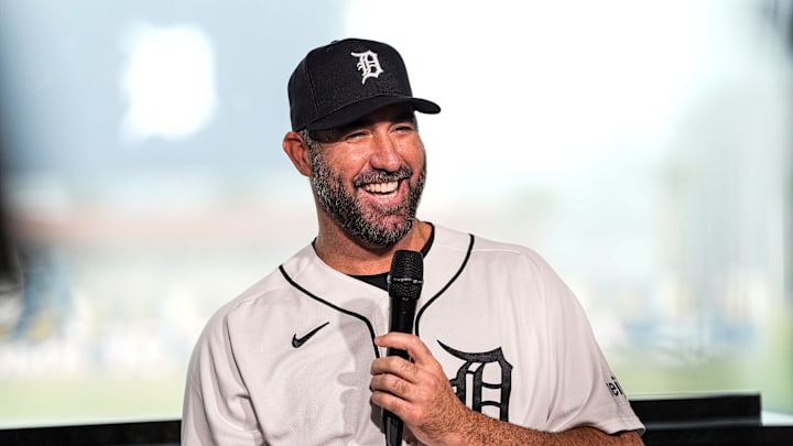 Detroit Tigers pitcher Justin Verlander answers a question during his introductory press conference at the 34 Club of Joker Marchant Stadium on Thursday, Feb. 12, 2026.