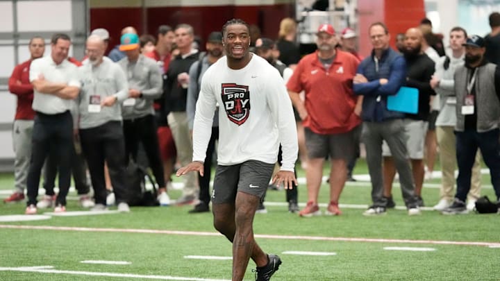 Mar 19, 2025; Tuscaloosa AL, USA; Quarterback Jalen Milroe calls a play as he throws for scouts at the University of Alabama Pro Day as several Crimson Tide players worked out for NFL teams in the Hank Crisp Indoor Practice Facility. Mar 19, 2025; Tuscaloosa AL, USA; Quarterback Jalen Milroe calls a play as he throws for scouts at the University of Alabama Pro Day as several Crimson Tide players worked out for NFL teams in the Hank Crisp Indoor Practice Facility.