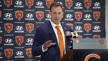 Jan 22, 2025; Lake Forest, IL, USA; Chicago Bears head coach Ben Johnson answers questions during a introductory press conference at PNC Center. Mandatory Credit: David Banks-Imagn Images