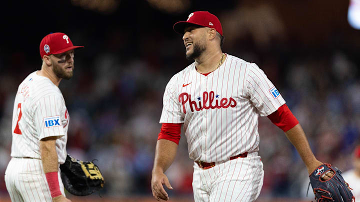 Sep 11, 2024; Philadelphia, Pennsylvania, USA; Philadelphia Phillies pitcher Carlos Estevez (53) smiles alongside first base Kody Clemens (2) after the last out in a victory against the Tampa Bay Rays at Citizens Bank Park. Mandatory Credit: Bill Streicher-Imagn Images Sep 11, 2024; Philadelphia, Pennsylvania, USA; Philadelphia Phillies pitcher Carlos Estevez (53) smiles alongside first base Kody Clemens (2) after the last out in a victory against the Tampa Bay Rays at Citizens Bank Park. Mandatory Credit: Bill Streicher-Imagn Images