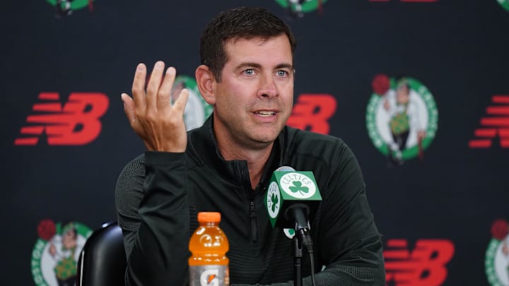 Sep 29, 2025; Boston, MA, USA; Boston Celtics president of basketball operations Brad Stevens talks to reporters during media day at the Auerbach Center. Mandatory Credit: David Butler II-Imagn Images
