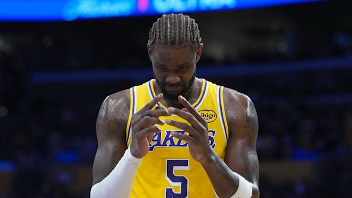 Oct 24, 2025; Los Angeles, California, USA; Los Angeles Lakers center Deandre Ayton (5) reacts in the first half against the Minnesota Timberwolves at Crypto.com Arena. Mandatory Credit: Kirby Lee-Imagn Images