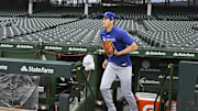 Apr 22, 2025; Chicago, Illinois, USA;  Los Angeles Dodgers two-way player Shohei Ohtani (17) enters the field for warmups before the game against the Chicago Cubs at Wrigley Field. Mandatory Credit: Matt Marton-Imagn Images