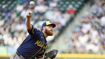 Jul 21, 2025; Seattle, Washington, USA; Milwaukee Brewers starting pitcher Brandon Woodruff (53) throws against the Seattle Mariners during the fifth inning at T-Mobile Park. Mandatory Credit: Joe Nicholson-Imagn Images