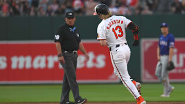 Jun 27, 2024; Baltimore, Maryland, USA; Baltimore Orioles outfielder Heston Kjerstad (13) rounds the bases following his two-run home run in the third inning against the Texas Rangers at Oriole Park at Camden Yards. 