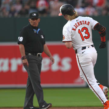 Jun 27, 2024; Baltimore, Maryland, USA; Baltimore Orioles outfielder Heston Kjerstad (13) rounds the bases following his two-run home run in the third inning against the Texas Rangers at Oriole Park at Camden Yards. 