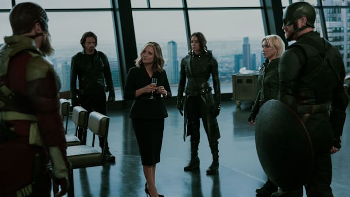 (L-R) Alexei Shostakov / Red Guardian (David Harbour), Bucky Barnes (Sebastian Stan), Valentina Allegra de Fontaine (Julia Louis-Dreyfus), Ghost (Hannah John-Kamen), Yelena Belova (Florence Pugh) and John Walker (Wyatt Russell) in Marvel Studios' THUNDERBOLTS*. Photo by Chuck Zlotnick. © 2025 MARVEL.