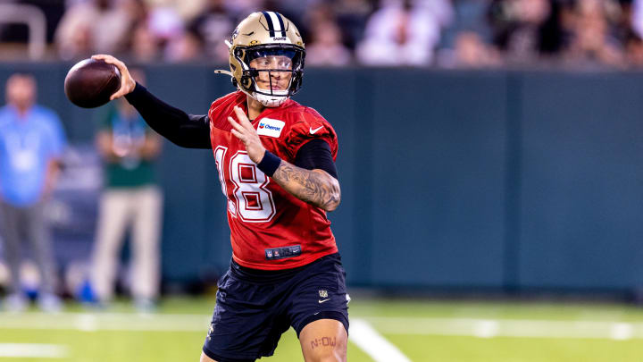 New Orleans Saints quarterback Spencer Rattler (18) during practice at Yulman Stadium 