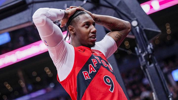 Apr 12, 2026; Toronto, Ontario, CAN; Toronto Raptors RJ Barrett (9) reacts during a NBA game against the Brooklyn Nets during the second half at Scotiabank Arena. Mandatory Credit: Kevin Sousa-Imagn Images