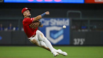 Aug 8, 2025; St. Louis, Missouri, USA;  St. Louis Cardinals shortstop Masyn Winn (0) throws on the run but is able to throw out Chicago Cubs left fielder Ian Happ (not pictured) during the sixth inning at Busch Stadium. Mandatory Credit: Jeff Curry-Imagn Images