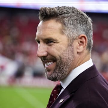 Sep 29, 2024; Glendale, Arizona, USA; Washington Commanders general manager Adam Peters against the Arizona Cardinals at State Farm Stadium. Mandatory Credit: Mark J. Rebilas-Imagn Images