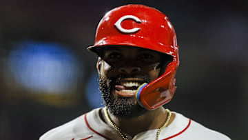 Jul 9, 2024; Cincinnati, Ohio, USA; Cincinnati Reds outfielder Rece Hinds (77) reacts after hitting a solo home run in the seventh inning against the Colorado Rockies at Great American Ball Park. Mandatory Credit: Katie Stratman-Imagn Images