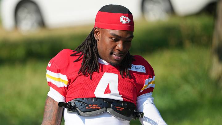 Aug 3, 2026; Kansas City, MO, USA; Kansas City Chiefs   wide receiver Rashee Rice (4) walks down the hill to the fields prior to training camp at Missouri Western University. Mandatory Credit: Denny Medley-Imagn Images