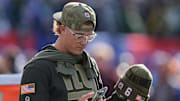 Nov 16, 2025; East Rutherford, New Jersey, USA; New York Giants quarterback Jaxson Dart (6) on the field before the game against the Green Bay Packers at MetLife Stadium.  