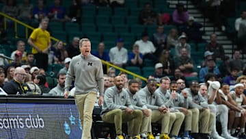 Nov 26, 2025; Las Vegas, NV, USA; Michigan Wolverines head coach Dusty May reacts in the first half against the Gonzaga Bulldogs in the 2025 Players Era Festival championship game at MGM Grand Garden Arena. Mandatory Credit: Kirby Lee-Imagn Images