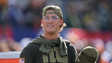 Nov 16, 2025; East Rutherford, New Jersey, USA; New York Giants quarterback Jaxson Dart (6) looks on before the game against the Green Bay Packers at MetLife Stadium. 