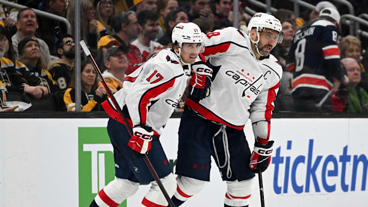 Feb 10, 2024; Boston, Massachusetts, USA; Washington Capitals center Dylan Strome (17) celebrates with left wing Alex Ovechkin (8) after scoring a goal against the Boston Bruins during the third period at the TD Garden. Mandatory Credit: Brian Fluharty-Imagn Images Feb 10, 2024; Boston, Massachusetts, USA; Washington Capitals center Dylan Strome (17) celebrates with left wing Alex Ovechkin (8) after scoring a goal against the Boston Bruins during the third period at the TD Garden. Mandatory Credit: Brian Fluharty-Imagn Images