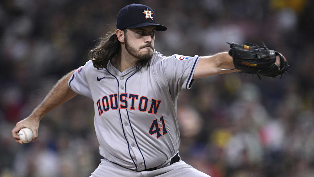 Sep 16, 2024; San Diego, California, USA; Houston Astros starting pitcher Spencer Arrighetti (41) pitches against the San Diego Padres during the first inning at Petco Park. 