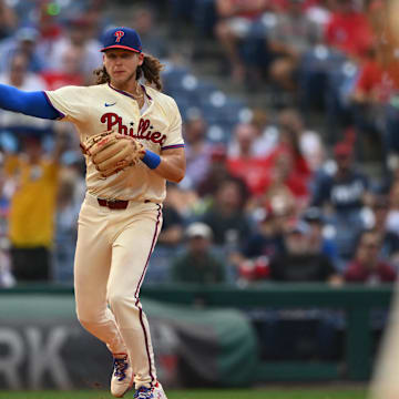 Aug 28, 2024; Philadelphia, Pennsylvania, USA; Philadelphia Phillies infielder Alec Bohm (28) throws to first against the Houston Astros in the sixth inning at Citizens Bank Park. 