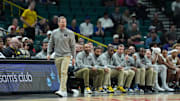 Nov 26, 2025; Las Vegas, NV, USA; Michigan Wolverines head coach Dusty May reacts in the first half against the Gonzaga Bulldogs in the 2025 Players Era Festival championship game at MGM Grand Garden Arena. Mandatory Credit: Kirby Lee-Imagn Images