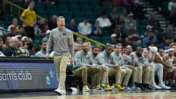 Nov 26, 2025; Las Vegas, NV, USA; Michigan Wolverines head coach Dusty May reacts in the first half against the Gonzaga Bulldogs in the 2025 Players Era Festival championship game at MGM Grand Garden Arena. Mandatory Credit: Kirby Lee-Imagn Images