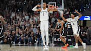Oct 26, 2025; San Antonio, Texas, USA; San Antonio Spurs forward Victor Wembanyama (1) celebrates a three-point shot