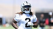 Las Vegas Raiders running back Ashton Jeanty participates in the rookie minicamp.