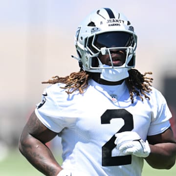 Las Vegas Raiders running back Ashton Jeanty participates in the rookie minicamp.