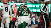 New York Jets linebacker Quincy Williams (56) celebrates after making a tackle during an NFL Week 10 game between the New York Jets and the Cleveland Browns at MetLife Stadium on Sunday, Nov. 9, 2025.