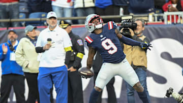 Oct 26, 2025; Foxborough, Massachusetts, USA;  New England Patriots wide receiver Kayshon Boutte (9) scores a touchdown  during the third quarter against the Cleveland Browns at Gillette Stadium. Mandatory Credit: Brian Fluharty-Imagn Images
