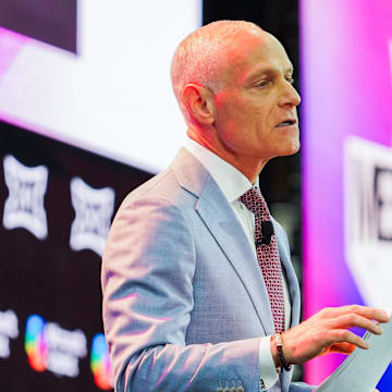 Big 12 Commissioner Brett Yormark addresses the media during the 2025 Big 12 Football Media Days at The Star. 