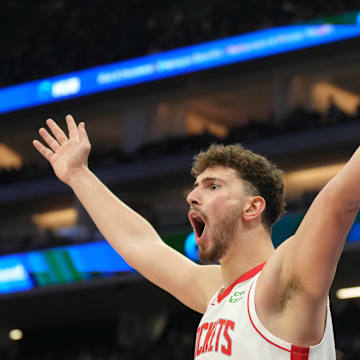 Mar 10, 2024; Sacramento, California, USA; Houston Rockets center Alperen Sengun (28) reacts during the second quarter against the Sacramento Kings at Golden 1 Center. Mandatory Credit: Darren Yamashita-USA TODAY Sports