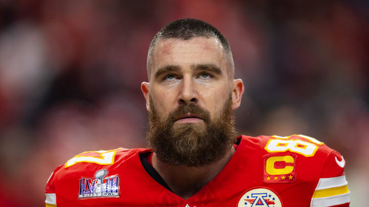 Feb 11, 2024; Paradise, Nevada, USA; Kansas City Chiefs tight end Travis Kelce (87) against the San
