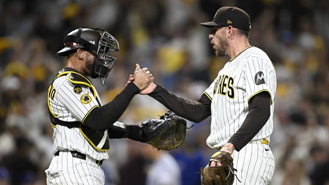 Sep 29, 2026; San Diego, California, USA;  San Diego Padres pitcher Joe Musgrove (44) and catcher Luis Campusano (12) celebrate after defeating the Chicago Cubs in game one of the Wildcard round for the 2026 MLB Playoffs at Petco Park.  Mandatory Credit: Denis Poroy-Imagn Images