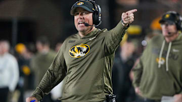 Nov 15, 2025; Columbia, Missouri, USA; Missouri Tigers head coach Eliah Drinkwitz reacts to play against the Mississippi State Bulldogs during the first half of the game at Faurot Field at Memorial Stadium. Mandatory Credit: Denny Medley-Imagn Images