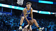 Feb 15, 2025; San Francisco, CA, USA; Osceola Magic guard Mac McClung (0) competes in the slam dunk competition during All Star Saturday Night ahead of the 2025 NBA All Star Game at Chase Center. Mandatory Credit: Kyle Terada-Imagn Images