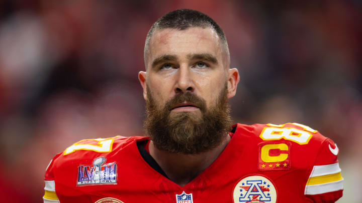Feb 11, 2024; Paradise, Nevada, USA; Kansas City Chiefs tight end Travis Kelce (87) against the San Francisco 49ers in Super Bowl LVIII at Allegiant Stadium. Feb 11, 2024; Paradise, Nevada, USA; Kansas City Chiefs tight end Travis Kelce (87) against the San Francisco 49ers in Super Bowl LVIII at Allegiant Stadium.
