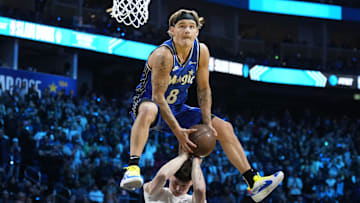 Feb 15, 2025; San Francisco, CA, USA; Osceola Magic guard Mac McClung (0) competes in the slam dunk competition during All Star Saturday Night ahead of the 2025 NBA All Star Game at Chase Center. Mandatory Credit: Kyle Terada-Imagn Images
