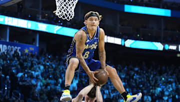 Feb 15, 2025; San Francisco, CA, USA; Osceola Magic guard Mac McClung (0) competes in the slam dunk competition during All Star Saturday Night ahead of the 2025 NBA All Star Game at Chase Center. Mandatory Credit: Kyle Terada-Imagn Images
