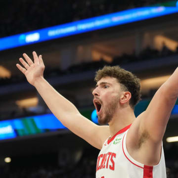 Mar 10, 2024; Sacramento, California, USA; Houston Rockets center Alperen Sengun (28) reacts during the second quarter against the Sacramento Kings at Golden 1 Center. Mandatory Credit: Darren Yamashita-USA TODAY Sports