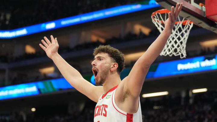 Mar 10, 2024; Sacramento, California, USA; Houston Rockets center Alperen Sengun (28) reacts during the second quarter against the Sacramento Kings at Golden 1 Center. Mandatory Credit: Darren Yamashita-USA TODAY Sports