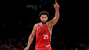 Mar 28, 2025; Brooklyn, New York, USA; Los Angeles Clippers guard Ben Simmons (25) reacts during the second quarter against the Brooklyn Nets at Barclays Center. Mandatory Credit: Brad Penner-Imagn Images