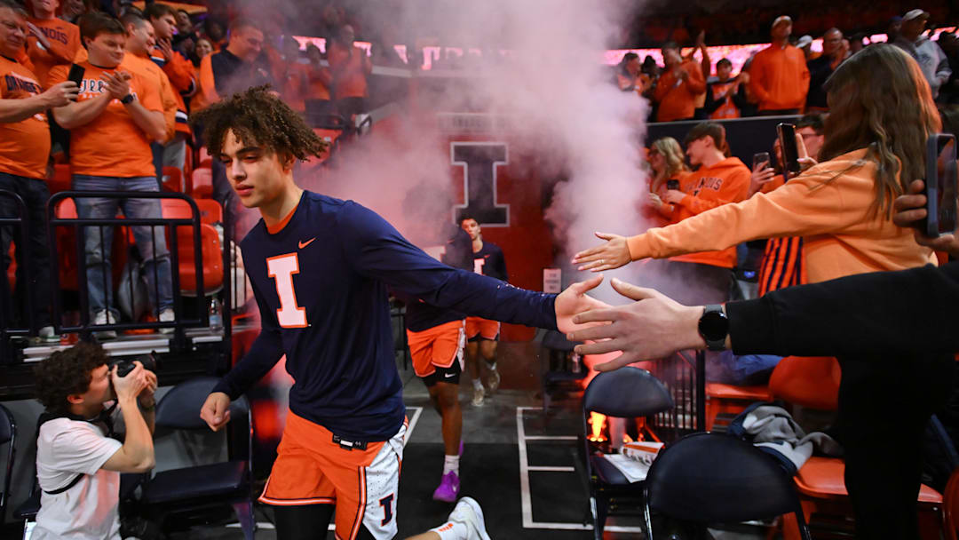 Feb 4, 2026; Champaign, Illinois, USA;  Illinois Fighting Illini guard Keaton Wagler (23) takes the court before tip-off against the Northwestern Wildcats at State Farm Center. Mandatory Credit: Ron Johnson-Imagn Images